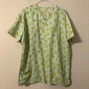 Scrubs Top Green Yellow Chicks Print Easter Nurse